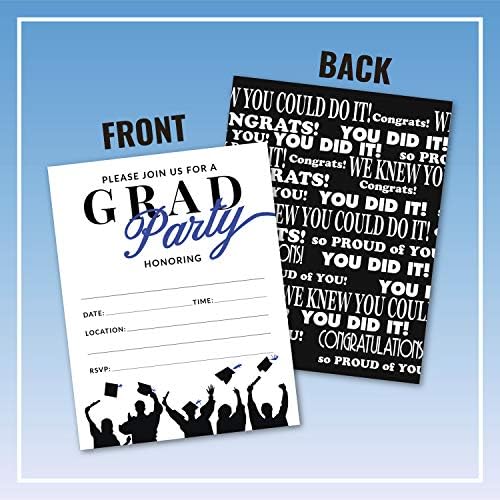 25 Convites de festa de formatura azuis e pretos com envelopes para faculdade, ensino médio, comemoração universitária ou