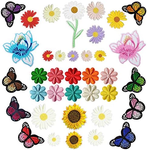 Woohome 37 PCs Ferro em manchas Reparação de costura de flores mistas Patches Daisy Flower Sunflower Apliques de remendos