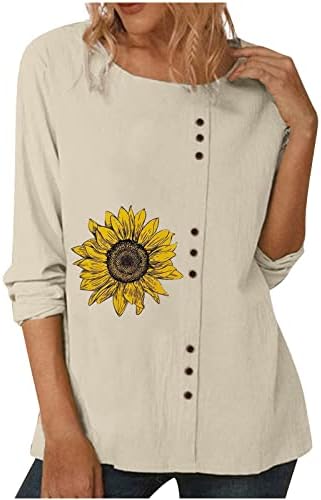 Camisa de girassol para mulheres casuais botão de pescoço de linho de algodão túnica tops soltos de manga longa casual blusa