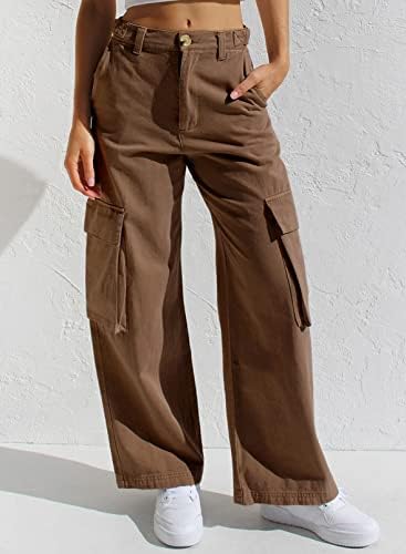 Avaliar calças de carga feminina casual com cintura alta alta perna reta calças folgadas calças com bolsos