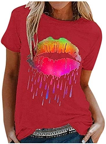 Tops femininos Casual Casual Summer Top colorido estampa de lábios curtos Manga curta o pescoço Bloups Tops Tops