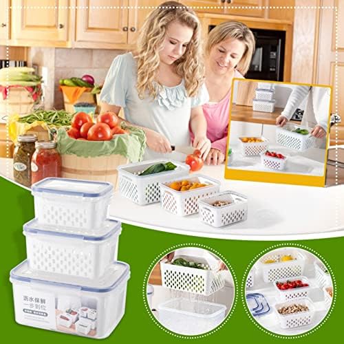 Recipientes de armazenamento - 9pcs Salada de vegetais de frutas Recipientes de armazenamento de alimentos para geladeira drenando recipientes frescos recipientes de plástico com tampas e candidato removível 3 em 1 BPA Large Organizer Bins