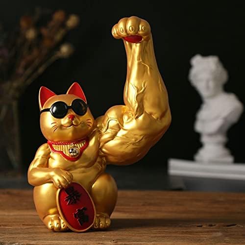 Artfilif Arm muscular Get Rich Cat estátua Big braço acenando para escultura de gato Maneki neko gato kylin braço