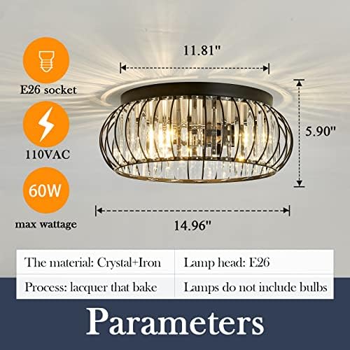 Yyjlx 3 luminárias de montagem de descarga clara utensílios de teto moderno lustre de cristal preto e26 iluminação interna para o quarto