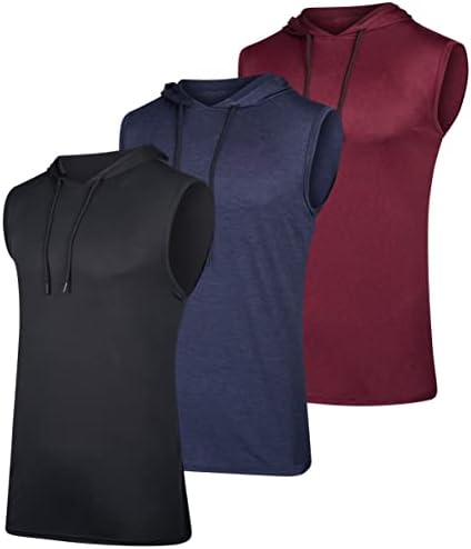 3 Pacote: Tampa de tanque de capuz ativo de ajuste seco masculino - Hoodie sem mangas de treino com cordão