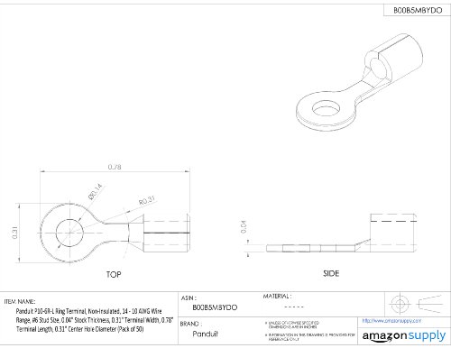 Panduit P10-6R-L Terminal do anel, não isolado, 14-10 AWG Faixa de fio, tamanho de escavação nº 6, espessura do estoque de 0,04 , largura