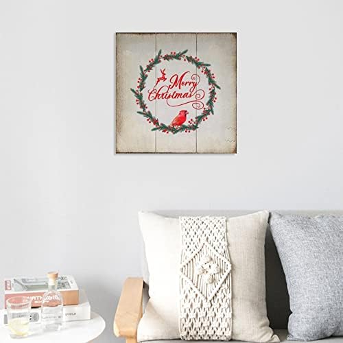 Estilo chique 12x12in Christmas Wood Sign Merry Christmas Wreath Wreatch Parede Cardinal Placa de madeira para alpendre