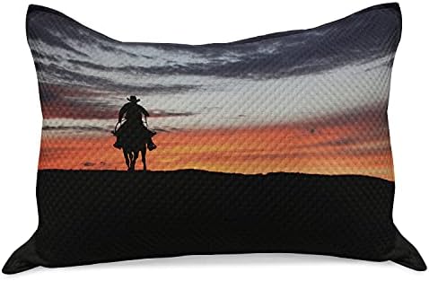 Ambesonne Western malha de malha de colcha de travesseira, silhueta de cowboy em um cavalo em um pôr do sol, capa padrão