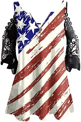 Ombro frio ombro feminino Top American Flag Star Lace Tee Camise