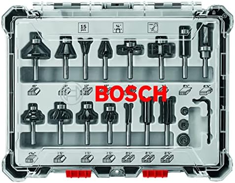 BOSCH 1617EVS 2,25 HP Roteador de base fixa eletrônica e Bosch 15 PC. Conjunto de bits do roteador de madeira com