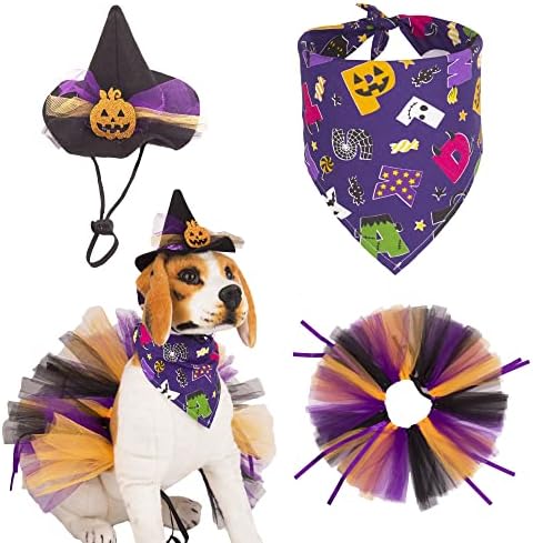 Traje de cães de Halloween de ADOGGYGO, Conjunto de Halloween Dog Bandana Hat Tutu, traje de Halloween Purple Dog Halloween trajes