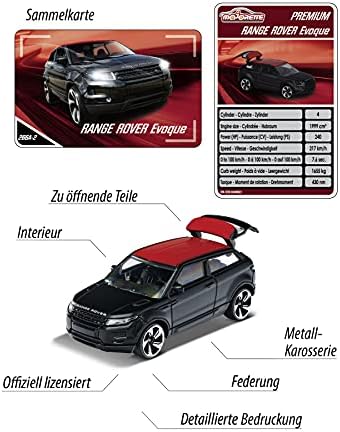 Majorette 212053052Q27 Range Rover Premium Range Evoque Toy Car Parts Open Suspension Trading Card 1:64 7,5 cm preto para idades