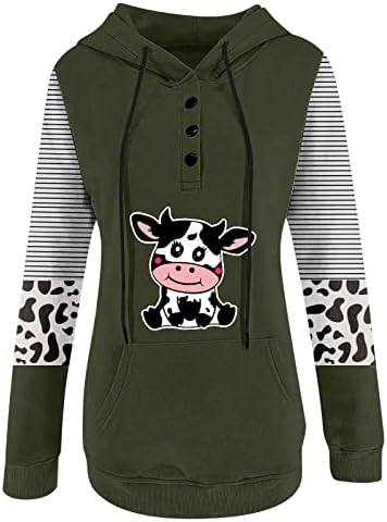 Hoodies de vaca fofos para mulheres Button Down V Neck Henley Camisa listrada de manga comprida Pullover de estampa de