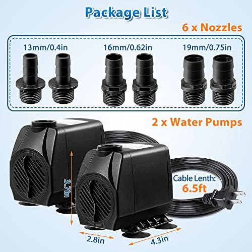 Dreyoo 2 pacote 660 GPH 35W Ponsor Submersible Aquarium Water Bomba, 2500L/h, bomba de água da lagoa ajustável silenciosa, 3 bocais