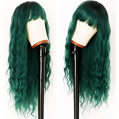 Xuieui Green Wigs Long Wavy Green Wigs Bangs Resistente ao calor Fibra sintética ombre ombre verde escuro raízes escuras