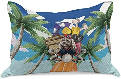 Ambesonne Dog Driver de malha de colcha de travesseiros, filhote de filhote em ilha tropical com palmeiras em um tema de férias