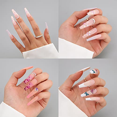 Shefnjoy 3 pacote de caixão longo Pressione unhas, bailarina francesa unhas falsas com desenhos cola brilhante em unhas,