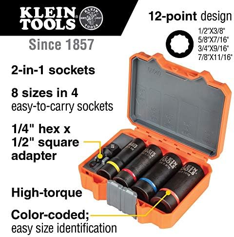 Klein Tools 66040 2-em 1 Conjunto de soquetes de impacto, ferramenta de 5 peças conjunto com soquetes profundos de 12 pontos com