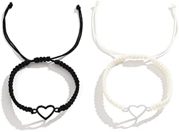 2pcs em forma de coração pulseiras de casal amam coragem branca corda preta casal pulseira de coração em forma de coração