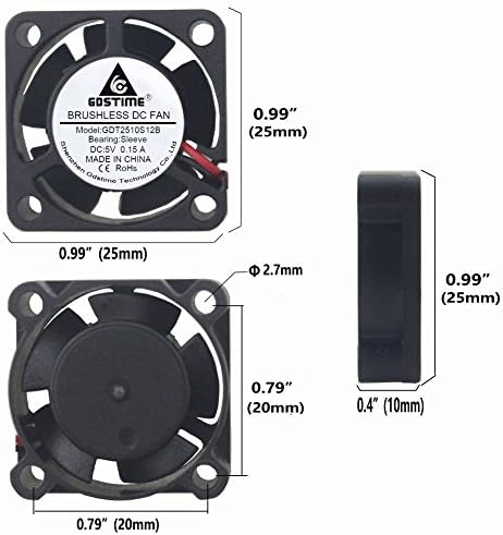 Gdstime 25mm x 25 mm x 10 mm 2,5cm pequeno fã de 12V de escova de escova de mini resfriamento