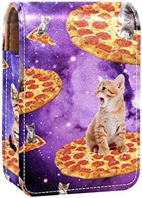 Caixa de batom de mini mini com espelho para bolsa, gato estrela céu pizza de couro de couro cosmético bolsa, segura 3 tubos de tamanho