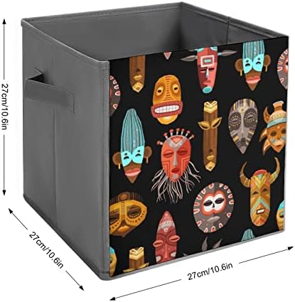 Máscara facial africana Bins de armazenamento dobrável Caixas de cubos de tecido de tecido com alças para brinquedos de roupas, 11x11x11