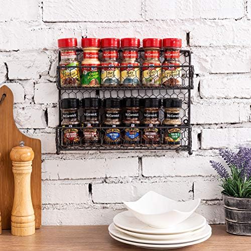 MyGift® Farmhouse Style Metal Wire Spice Rack - Montagem de parede ou bancada de cozinha Organizador de armazenamento