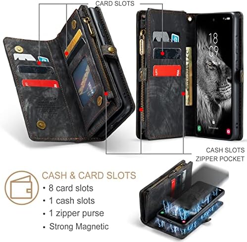 Caseme para a caixa da carteira Samsung Galaxy A54, couro retro -artesanal 2 em 1 capa de zíper destacável com slots de cartão