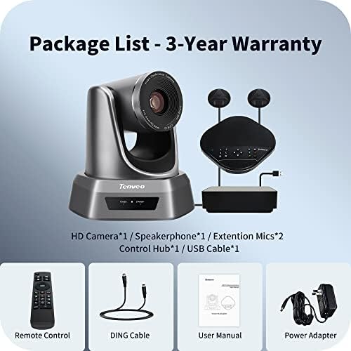 TENVEO All-in-One Video and Audio Conference Room Camera System 10x Zoom óptico USB PTZ com microfones de expansão do Bluetooth Speakerphone