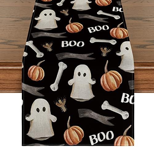 Modo ARTOID Aquarela Pumpkins Bone Boo Table Runner preto, outono sazonal Spooky Halloween Holiday Kitchen Dining Table Decoration