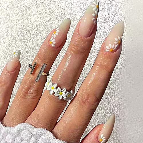 Daisy Pressione as unhas de comprimento médio Forma de amêndoa Flor Falsa Unhas Falsas Tampa Completa brilhante Dicas de unhas