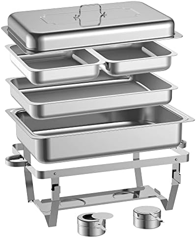 Famistar 6 Packs Buffet Chafer Conjunto - Aço inoxidável 4 Rajamento redondo prato + 2 chafferas retangulares moldura dobrável Tamanho