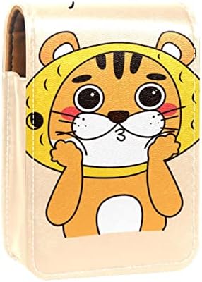 Mini maquiagem de Oryuekan com espelho, bolsa de embreagem Leatherette Lipstick Case, Tiger adorável animal de desenho animado