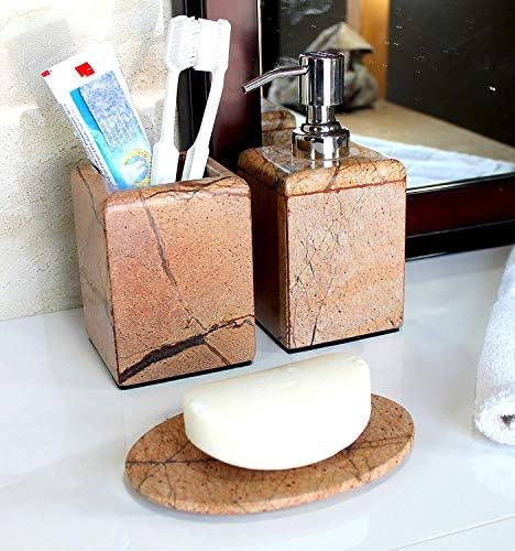KLEO - Conjunto de acessórios para banheiro feito de pedra marrom/areia natural - Acessórios de banho Conjunto de 3 inclui dispensador