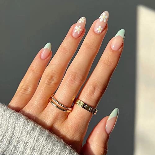 Francês unhas Pressione as unhas de acrílico de amêndoa média curta com designs bastão de flores premium em unhas