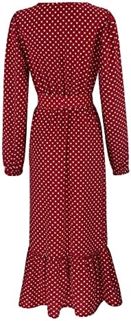 Iqka Women Midi Dress Dot Dot Print Slave Long V Venos casuais de pescoço Ruffle bainha solteira solteira para festa