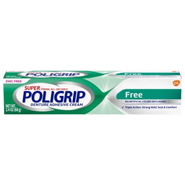 Poligrip Super Denture Adhesive Cream Free de zinco, pacote de tubo de 2,4 onças com comprimidos de limpeza de próteses equações