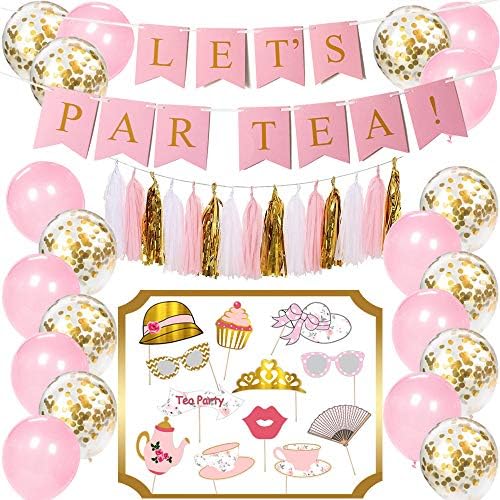 Kit de decorações para festa do chá | Vamos aguarda chá! Banner | Tea Party Photobooth adereços | Tiro de ouro, rosa e branco | 10