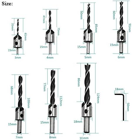 Conjunto de bits de perfuração da cabeça de contra -escala 3 dicas de madeira 3,4,5,6,7,8,10mm