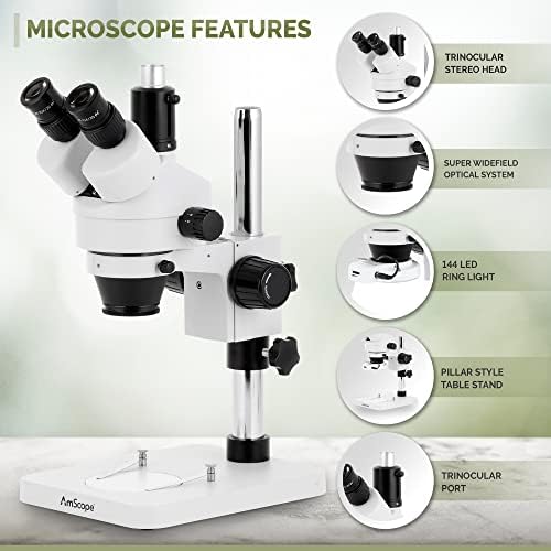 AMSCOPE SM-1TSZZ-144S-5M Digital Profissional Trinocular Trinocular Microscópio de Zoom, oculares Wh10x e Wh20x, ampliação