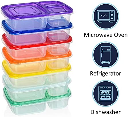 FitBoxx [7 pacote] Rainbow Meal Prep Recipientes, Recipientes de Armazenamento de Alimentos de Plástico com tampas, 3 Compartimento