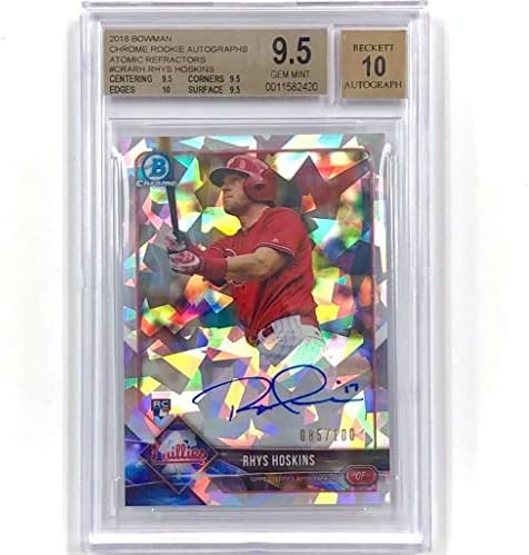 2018 Bowman Chrome RC Rhys Hoskins Rookie Atomic Refractor /100 BGS 9.5 Auto 10 - Cartões autografados de arremesso de