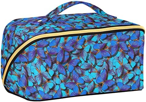 Voo de Butterflies azuis brilhantes para mulheres Viagem Bolsa de maquiagem com alça portátil Multifuncional Bolsa de higiene