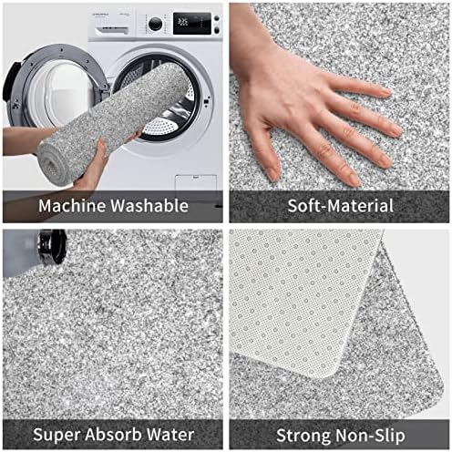 MVIRNSW Silver Glitter Bath Tat Non Slip Banheiro Ranta Máquina de chuveiro lavável Tapetes de água macia extra tapetes de piso