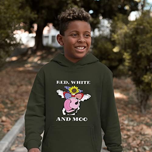 Red White e Moo Kids 'Sponge Fleece Hoodie - Capuz de crianças patrióticas - capuz de vaca para crianças