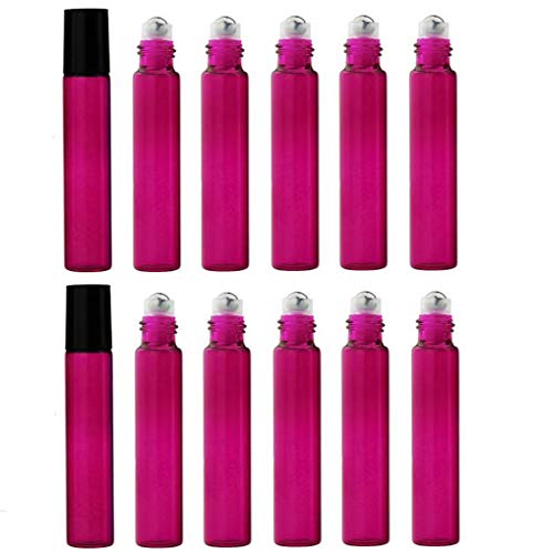 12pcs 10ml 0,3 oz de rolos de vidro vazio rosa quente com bolas de rolos de aço inoxidável e tampa preta de óleo essencial