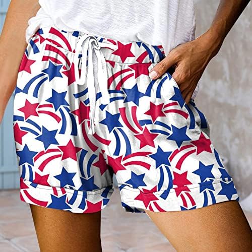 Ruiruilico feminino shorts casuais de verão 4 de julho American Flag American Baggy String Elastic Flowy Beach Shorts com