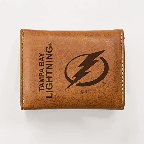 Rico Industries NHL Tampa Bay Lightning Premium Laser Laser Gravado Vegan Marrom Brown Couro Tri Fold Wallet - Design