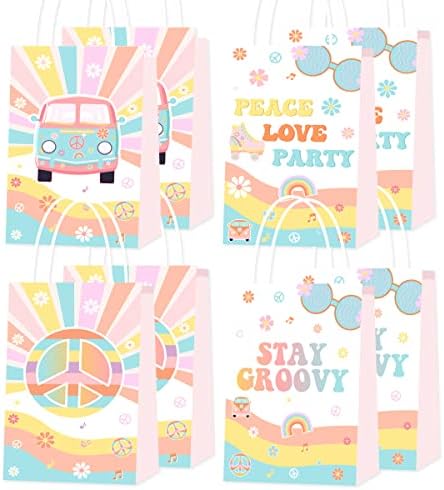 Três decorações de aniversário groovy com pano de fundo 16 PCs Groovy Party Fome Bags com pacote de alça