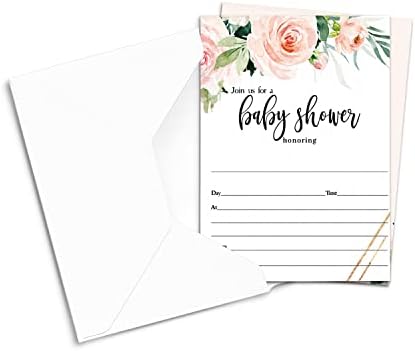 Convites graciosos do chá de bebê floral com envelopes em branco convites para garotas - tema rústico de vegetação rosa e ouro